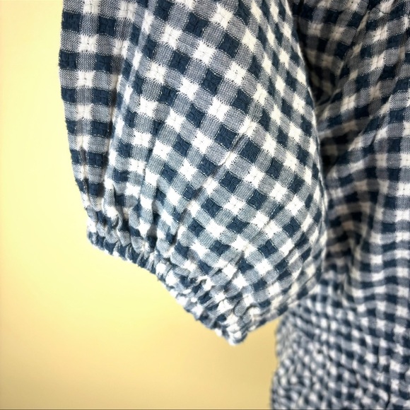 MADEWELL Navy /White Checkered Off The Shoulder Peasant Cropped Ruffle Top (L) - Picture 6 of 15